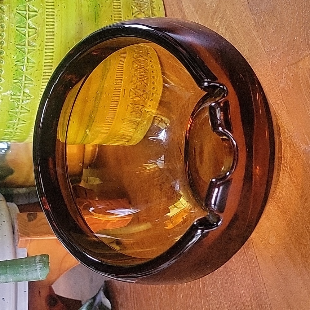 Vintage Mid Century 1960s Big Ashtray Orb in Amber by Viking Art Glass